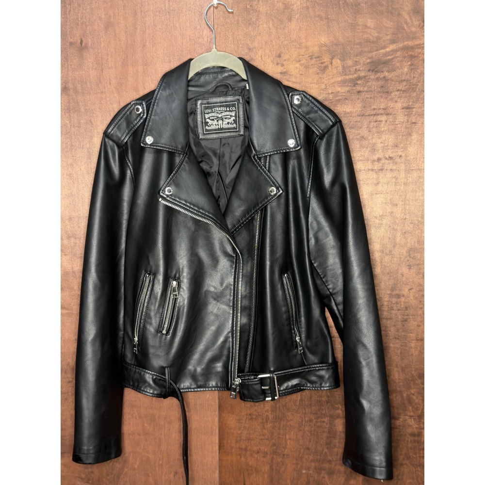 Levi Strauss & Co Womens Black Faux Leather Moto Biker Jacket Silver Hardware